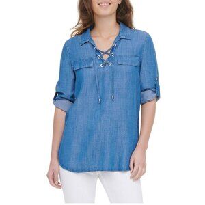 Calvin Klein NWOT Roll Sleeve Lace Up Chambray Blouse Size S